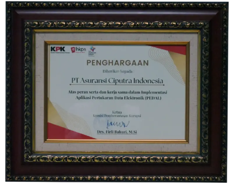 Piagam Apresiasi Implementasi Aplikasi PEDAL KPK